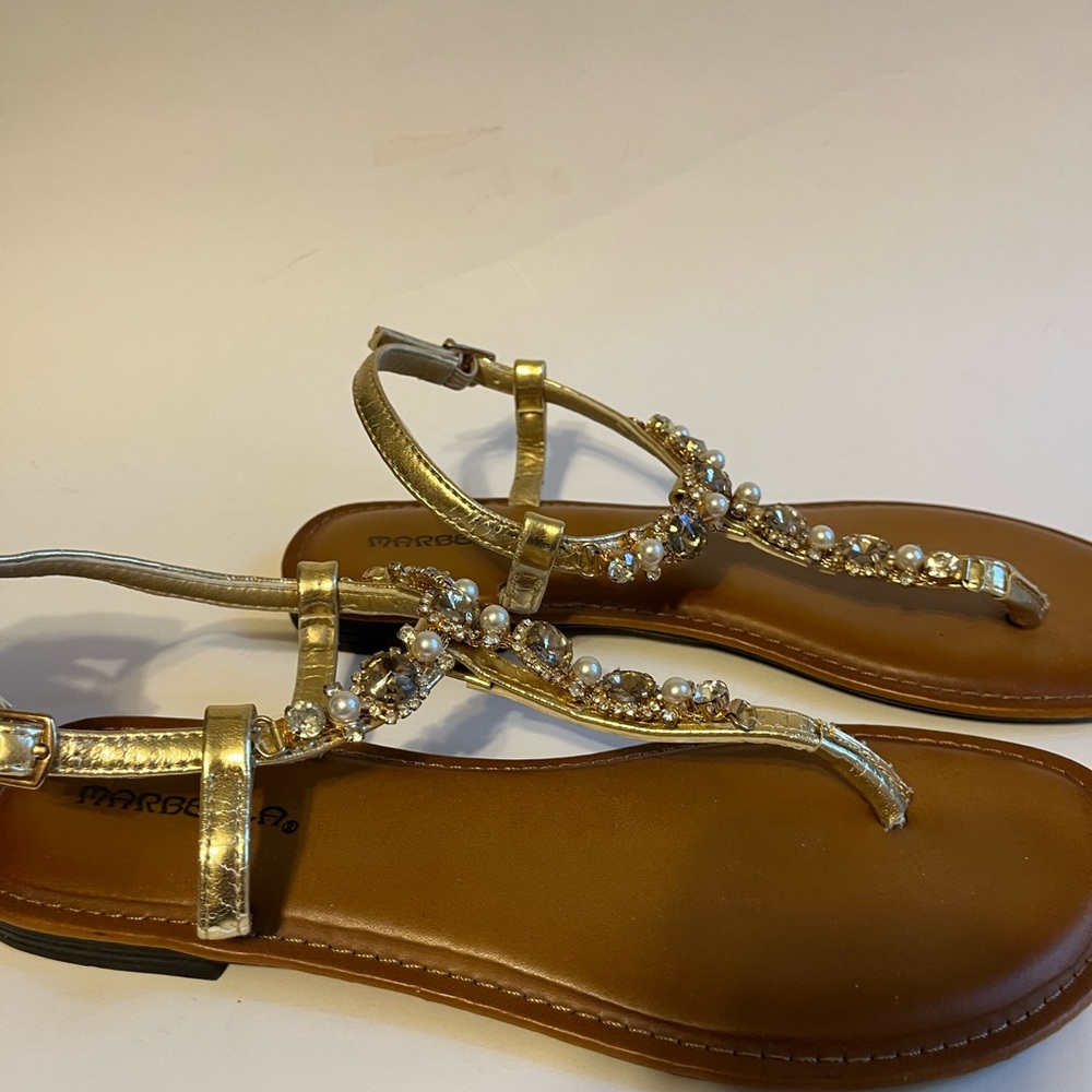 Sz 9 City Lights Bling Sandals Gold Metallic Rhinestone & Pearl Thong - Picture 8 of 13